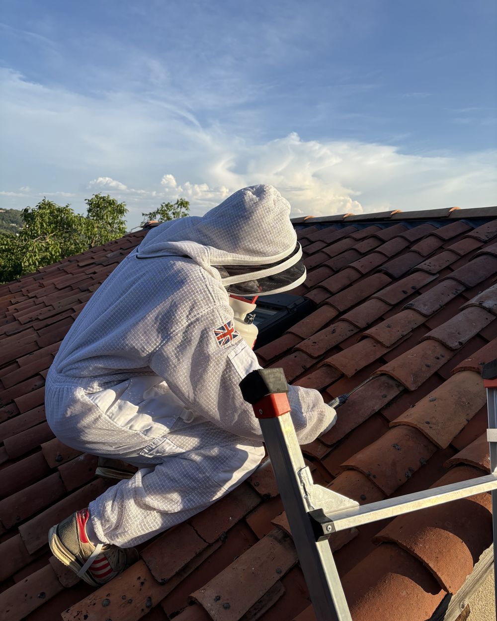 Intervention de Clermont Nuisibles sur une toiture, en combinaison de protection